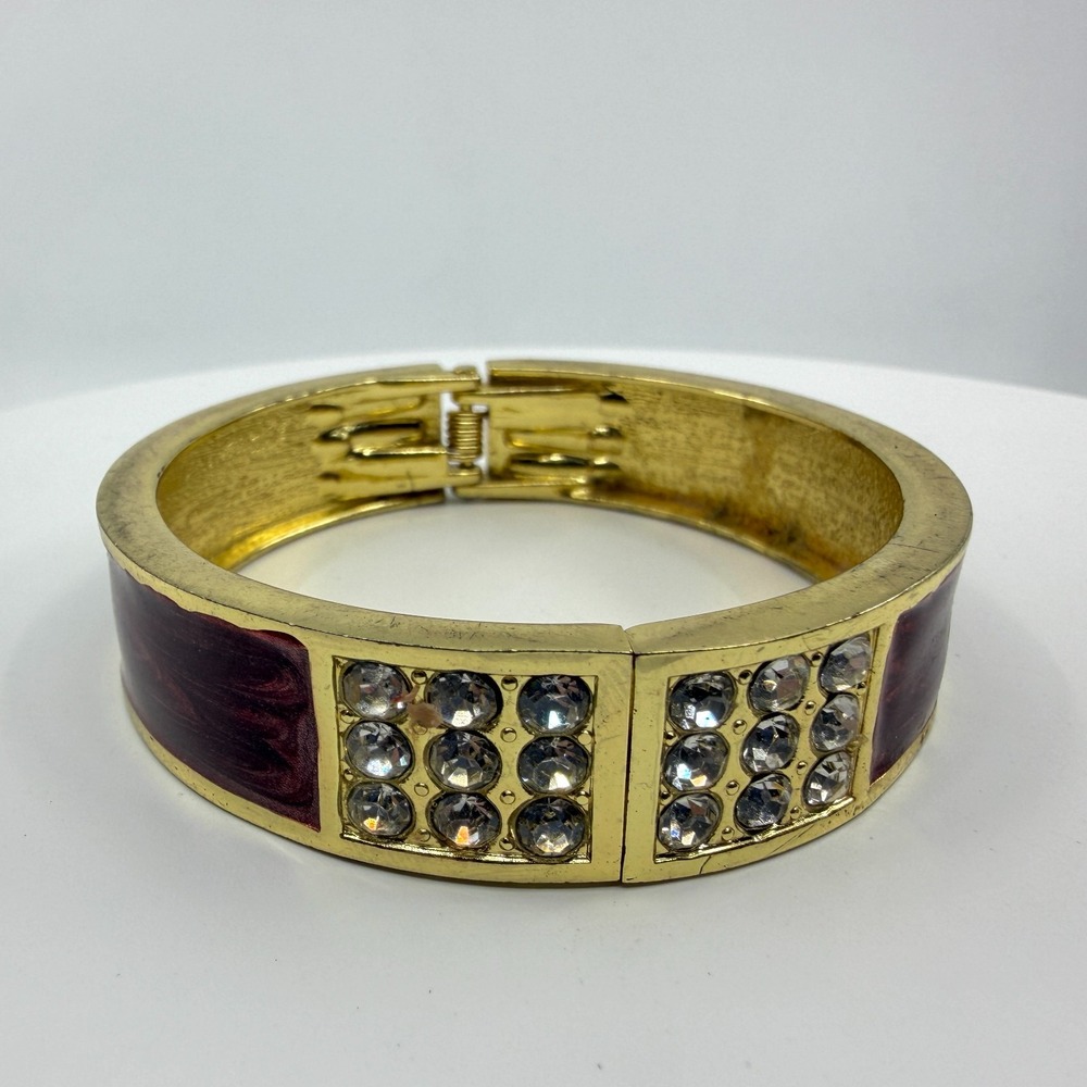 Y2K Gold Tone Maroon Enamel Cuff Bracelet with Rhinestone Accents